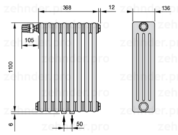 Схема (чертеж) Радиатор Zehnder Charleston 4110/8 №V007 Белый глянцевый RAL 9016